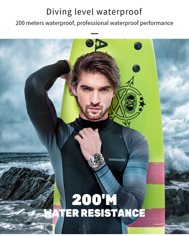 Relógio Masculino ADDIESDIVE 200M – Aço Inoxidável 316L, Movimento Japonês Miyota, Estilo Europeu e Pegada Esportiva