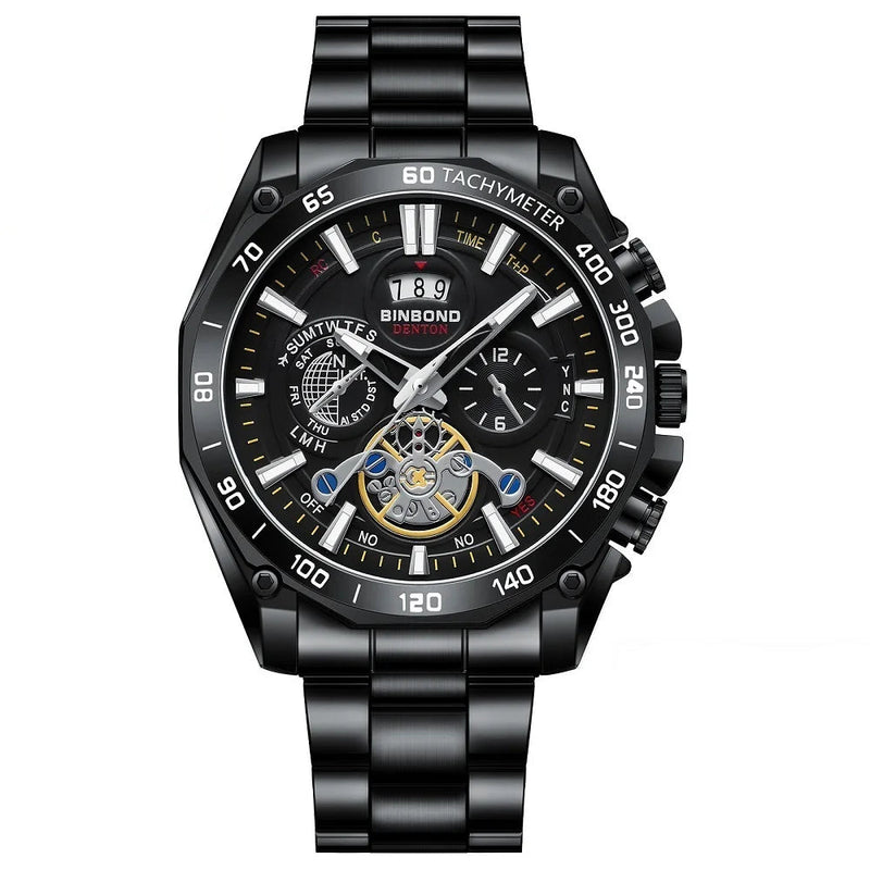 Relógio Masculino Binbond Luxo – Tourbillon Decorativo, Aço Inoxidável, Ponteiros Luminosos e Resistente à Água.