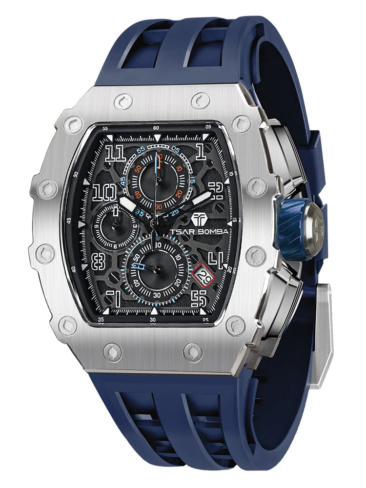 Relógio Masculino TSAR BOMBA – Luxo e Estilo com Design Tonneau, e Pulseira em Aço Inoxidável.