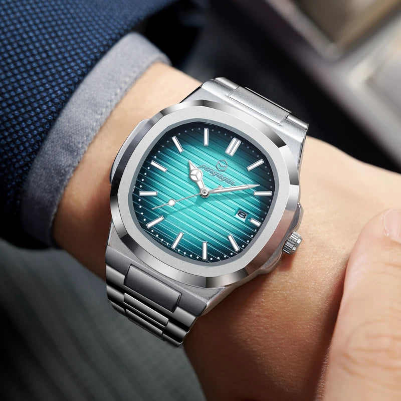 Relógio Militar Masculino PENGAGAR 2025 – Luxo Quadrado em Aço Inoxidável, Ponteiros Luminosos, Data e Dia, Estilo Executivo e Esportivo