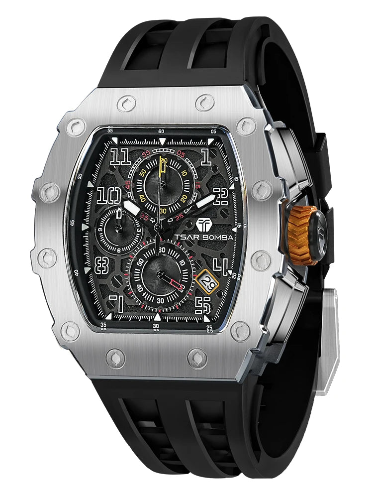 Relógio Masculino TSAR BOMBA – Luxo e Estilo com Design Tonneau, e Pulseira em Aço Inoxidável.