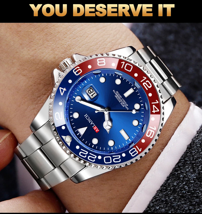 Relógio Masculino ARLANCH Red & Blue Diving 40mm – Aço Inoxidável, Lupa no Calendário, Resistente à Água e Design Clássico com Pegada Esportiva | Aguiar Relógio