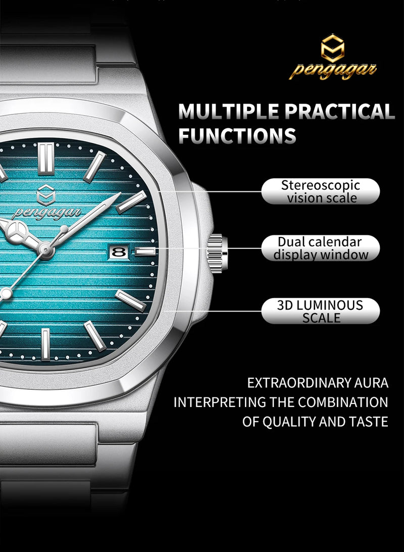 Relógio Militar Masculino PENGAGAR 2025 – Luxo Quadrado em Aço Inoxidável, Ponteiros Luminosos, Data e Dia, Estilo Executivo e Esportivo
