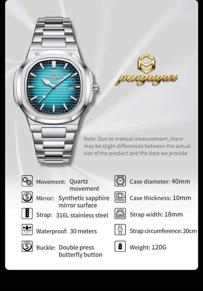 Relógio Militar Masculino PENGAGAR 2025 – Luxo Quadrado em Aço Inoxidável, Ponteiros Luminosos, Data e Dia, Estilo Executivo e Esportivo