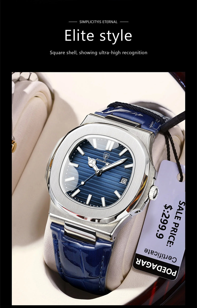 Relógio Masculino POEDAGAR 2025 – Luxo Quadrado, Couro Premium, Ponteiros Luminosos, Data e Calendário Completo, À Prova d’Água.