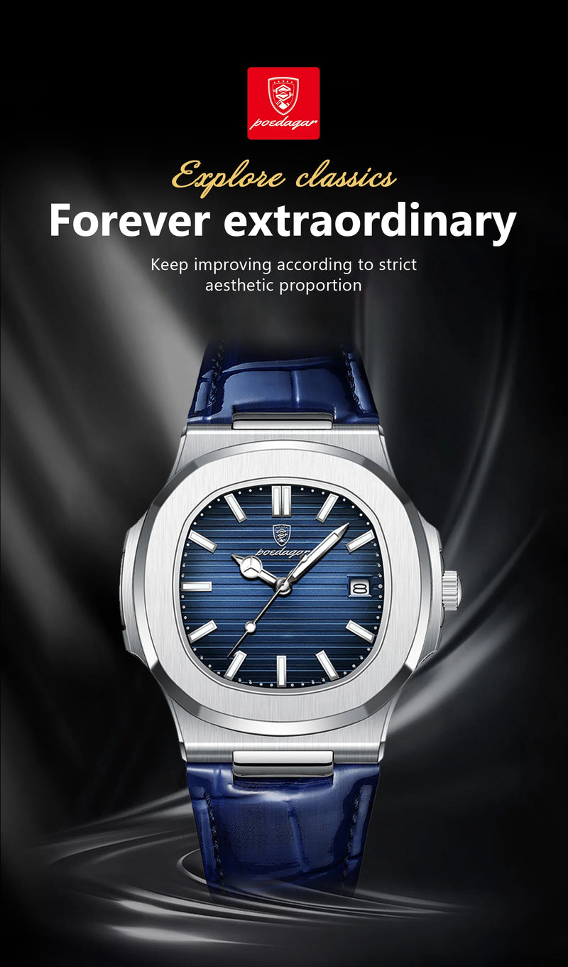Relógio Masculino POEDAGAR 2025 – Luxo Quadrado, Couro Premium, Ponteiros Luminosos, Data e Calendário Completo, À Prova d’Água.