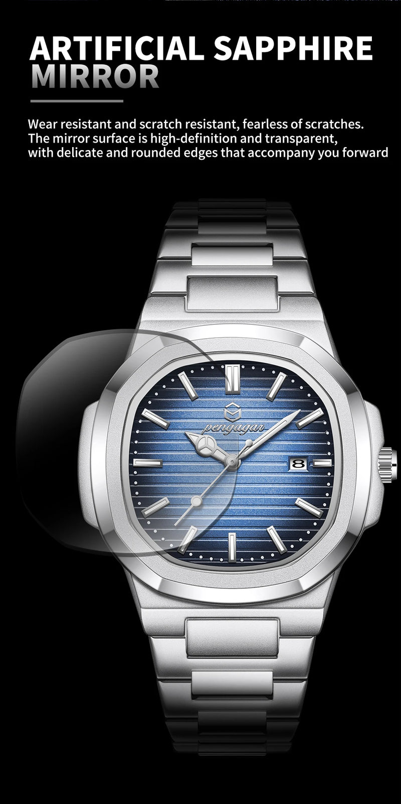 Relógio Militar Masculino PENGAGAR 2025 – Luxo Quadrado em Aço Inoxidável, Ponteiros Luminosos, Data e Dia, Estilo Executivo e Esportivo