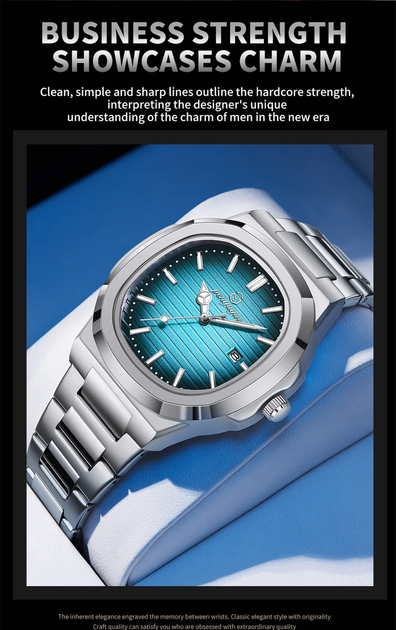 Relógio Militar Masculino PENGAGAR 2025 – Luxo Quadrado em Aço Inoxidável, Ponteiros Luminosos, Data e Dia, Estilo Executivo e Esportivo