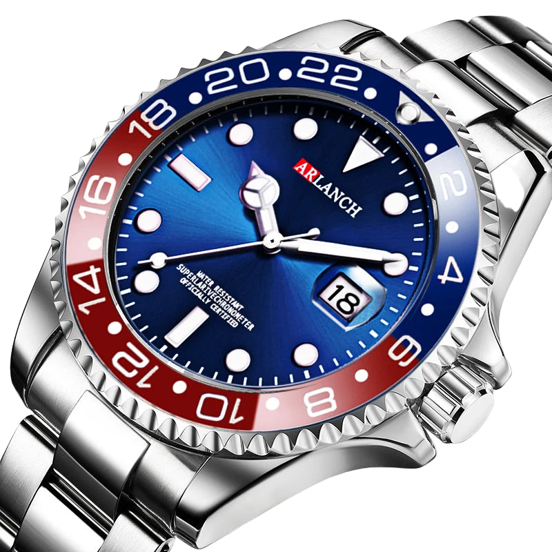 Relógio Masculino ARLANCH Red & Blue Diving 40mm – Aço Inoxidável, Lupa no Calendário, Resistente à Água e Design Clássico com Pegada Esportiva | Aguiar Relógio
