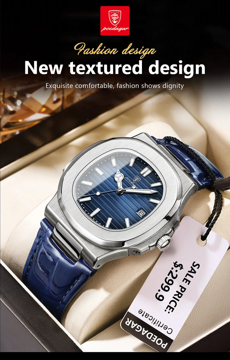 Relógio Masculino POEDAGAR 2025 – Luxo Quadrado, Couro Premium, Ponteiros Luminosos, Data e Calendário Completo, À Prova d’Água.