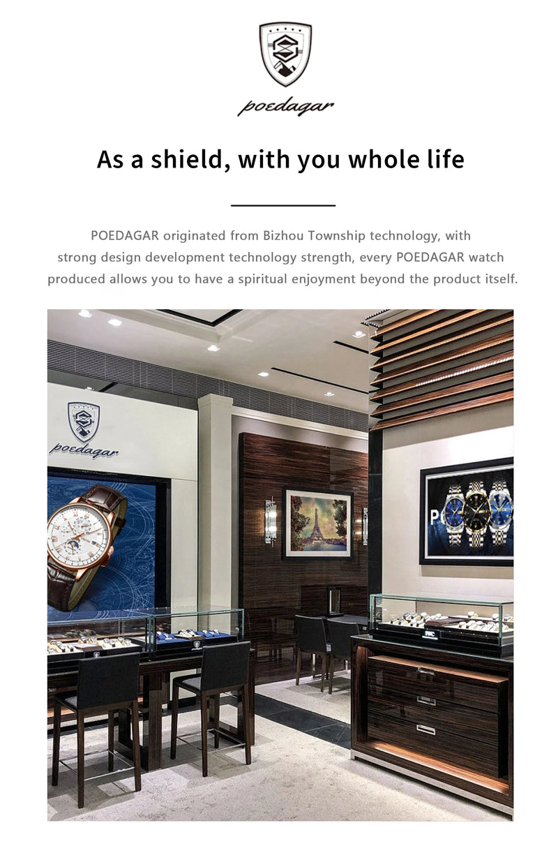 Relógio Masculino POEDAGAR 2025 – Luxo Quadrado, Couro Premium, Ponteiros Luminosos, Data e Calendário Completo, À Prova d’Água.