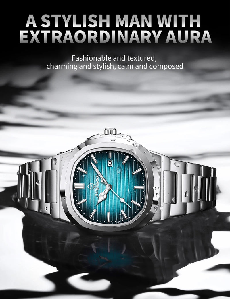 Relógio Militar Masculino PENGAGAR 2025 – Luxo Quadrado em Aço Inoxidável, Ponteiros Luminosos, Data e Dia, Estilo Executivo e Esportivo