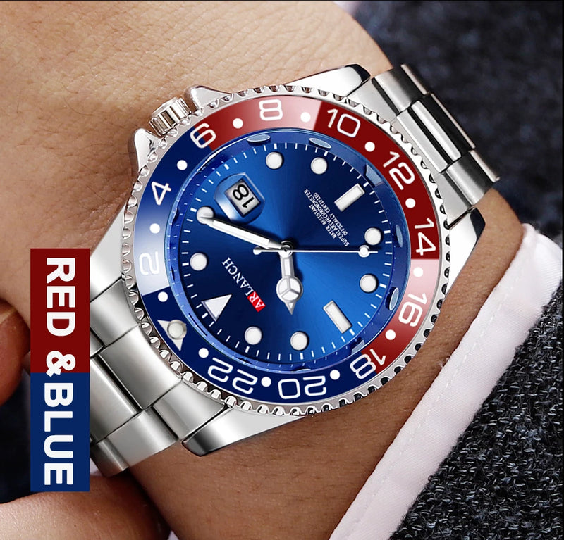 Relógio Masculino ARLANCH Red & Blue Diving 40mm – Aço Inoxidável, Lupa no Calendário, Resistente à Água e Design Clássico com Pegada Esportiva | Aguiar Relógio