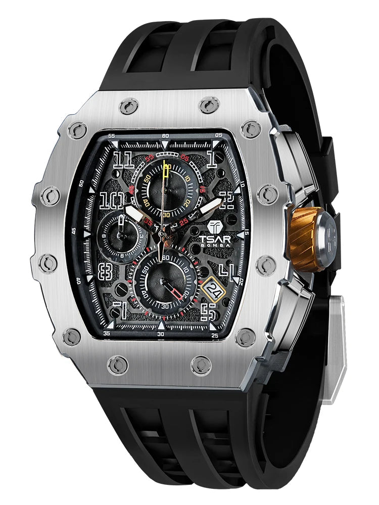 Relógio Masculino TSAR BOMBA – Luxo e Estilo com Design Tonneau, e Pulseira em Aço Inoxidável.