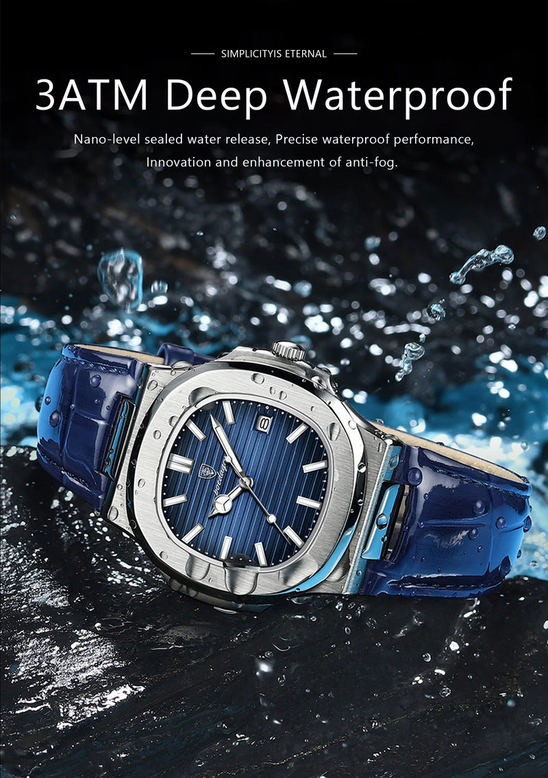 Relógio Masculino POEDAGAR 2025 – Luxo Quadrado, Couro Premium, Ponteiros Luminosos, Data e Calendário Completo, À Prova d’Água.