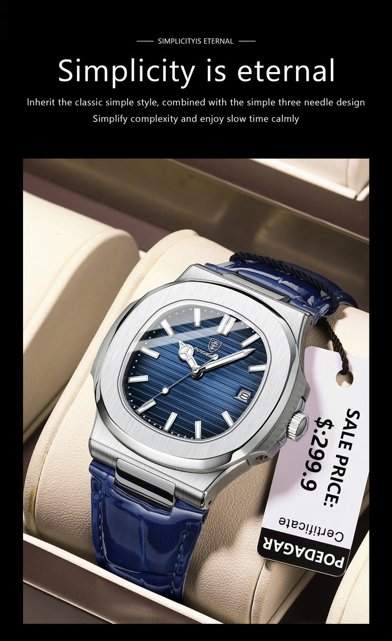 Relógio Masculino POEDAGAR 2025 – Luxo Quadrado, Couro Premium, Ponteiros Luminosos, Data e Calendário Completo, À Prova d’Água.